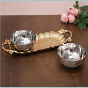 Gold Decorative Leaf Tray with Two Silver Bowls